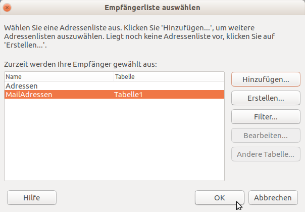 Empfängerliste auswählen und mit OK bestätigen